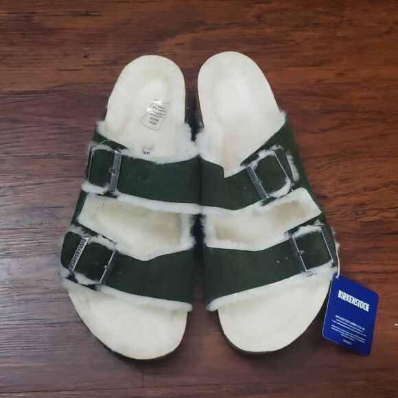 NWT Birkenstock Green Suede Leather Lamb Shearling Arizona Wide Footbed Size 43 main image 3